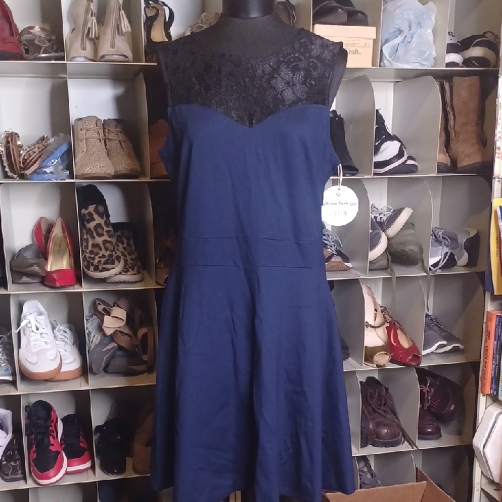 Women's Navy Midi Dress with Black Lace Yoke